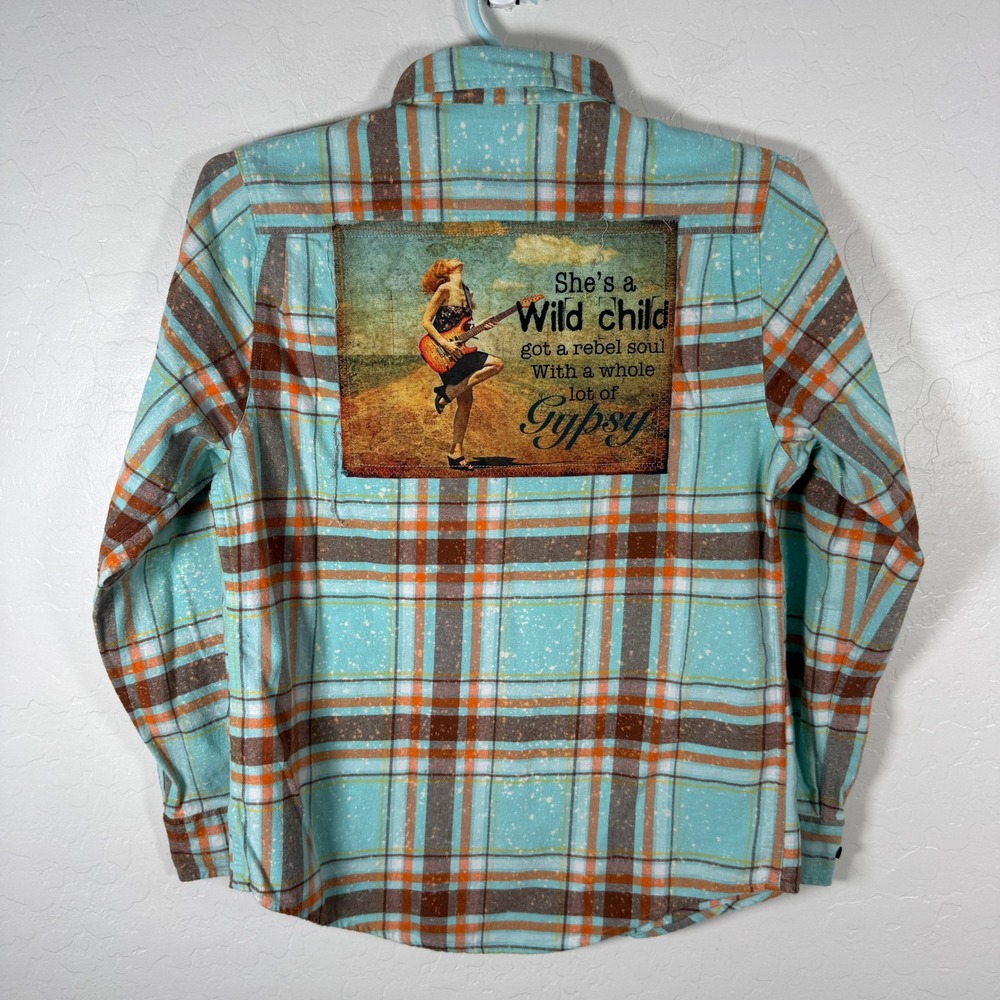 Angry Minnow Flannel Co Shirt Mens Medium Blue Plaid Wild Child Gypsy Bleached